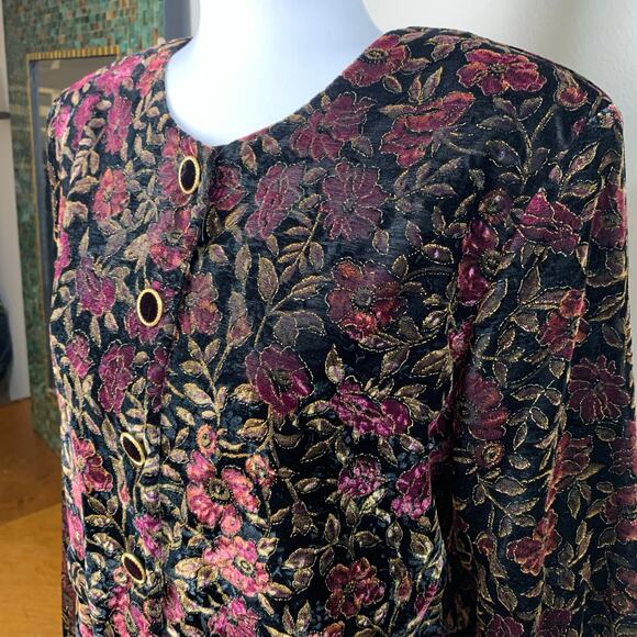 Vintage Size L Velvet Floral Print Crop Jacket Puff Sleeve Gold Etched - Picture 5 of 11